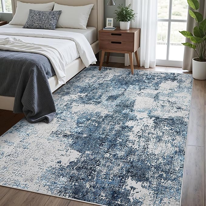 Washable Rug 6x9 Area Rugs: Soft Large Living Room Rug with Anti-Slip Backing Non-Shedding Stain-Resistant Modern Abstract Carpet for Bedroom Dining Room Nursery Home Office-Blue