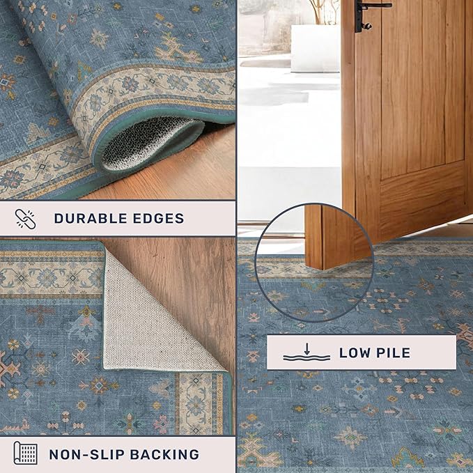 Boho 8x10 Large Area Rugs for Living Room - Eclectic Dusky Blue Rug for Bedroom Under Bed, Dining Room Under Kitchen Table, Washable Soft Non Slip Unique Colorful Indoor Décor