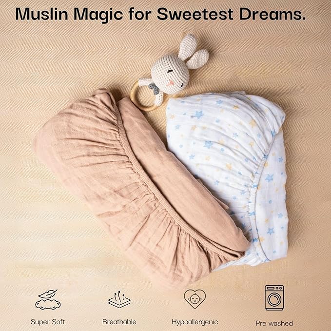 Salt Earth 100% Organic Cotton Muslin Standard Fitted Crib Sheet, 52"x28", 2 Pack Soft Breathable Natural Cotton Sheets Baby Mattress Bed Sheets, No Slip Neutral Baby Crib Sheet (Beige & Blue Star)