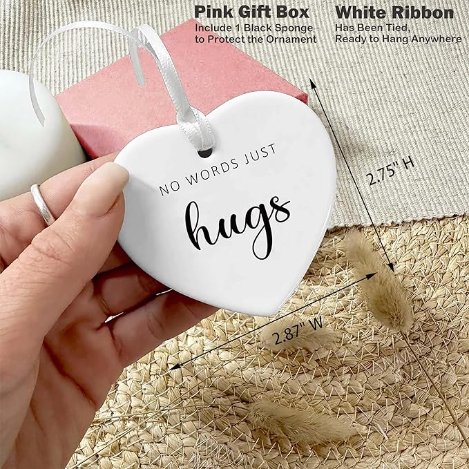 Heart Shaped Christmas Ornament-Inspirational Motivational Encouragement Gift-Thinking of You Get Well Soon Recovery Sympathy Present No Words Just Hugs Ceramic Keepsake