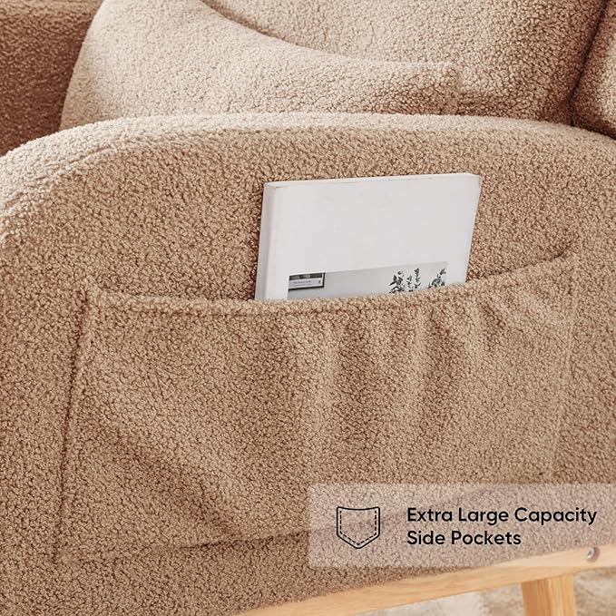 Rocking Chair Nursery, Nursing Rocking Chairs, Upholstered Nursery Glider Rocker Wingback Morden Rocking Chair with Lumbar Pillow for Mom Nursery, Living Room, Bedroom, Teddy Khaki