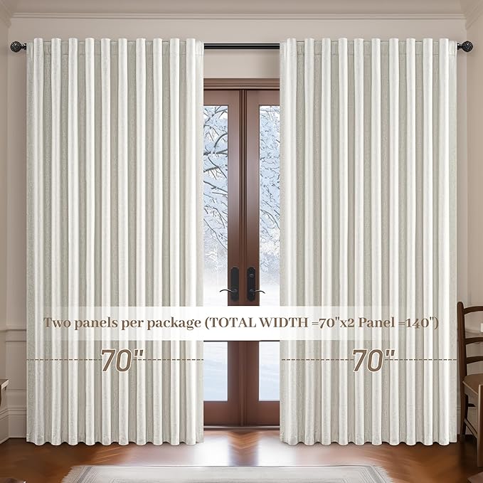 Extra Wide Room Darkening 96 Inch Curtains 2 Panels Set for Living Room,Cream Pleat Linen Blackout Curtain for Bedroom Windows 120 to 140 Privacy Thermal Window Drapes Rod Pocket(70"W x 96"L 2 Panels)