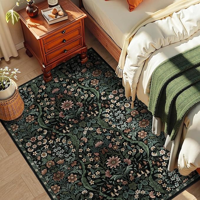 4x6 Black Floral Boho Area Rug,Low-Pile Stain Resistant Non-Slip Machine Washable Carpet for Living Room,Bedroom, Kitchen,Entryway,Dining Room, Nursery