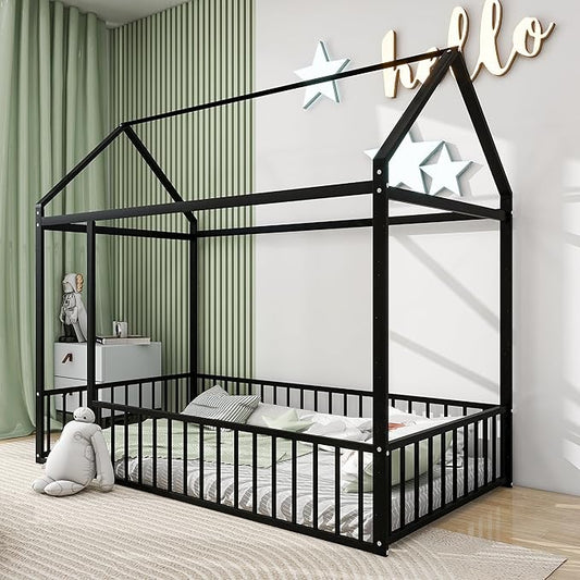Bellemave Twin Size Montessori Floor Bed, Metal House Bed Framefor Kids, Montessori Floor Beds with Fence, Playhouse for Kids,Black