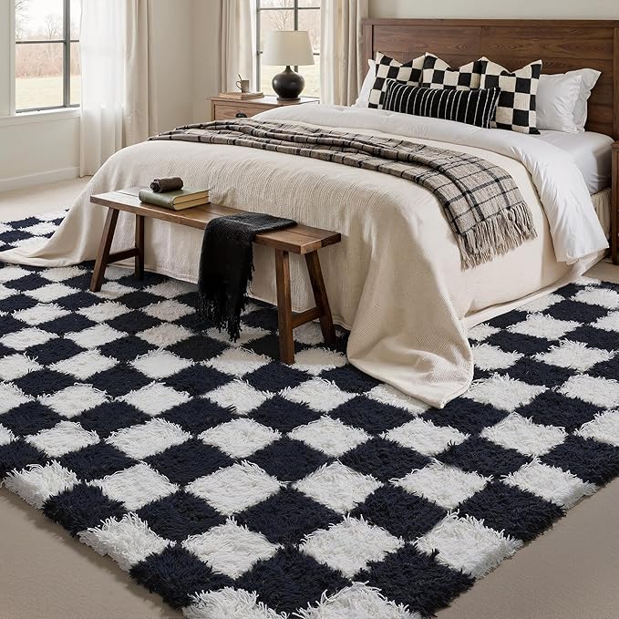 Checkered Rug 5x8 for Living Room, Black and White Modern Shag Rug Super Soft Washable Indoor Fuzzy Carpet Non-Slip Fluffy Rugs for Bedroom Home Aesthetic Decor