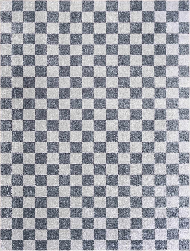 BoutiqueRugs Alia Gray Modern Checkered Area Rug - Contemporary Geometric Carpet for Hallway, Nursery, Playroom, Girls Boys Room - Machine Washable - Ivory, Blue, Gray - 9'2" x 12'