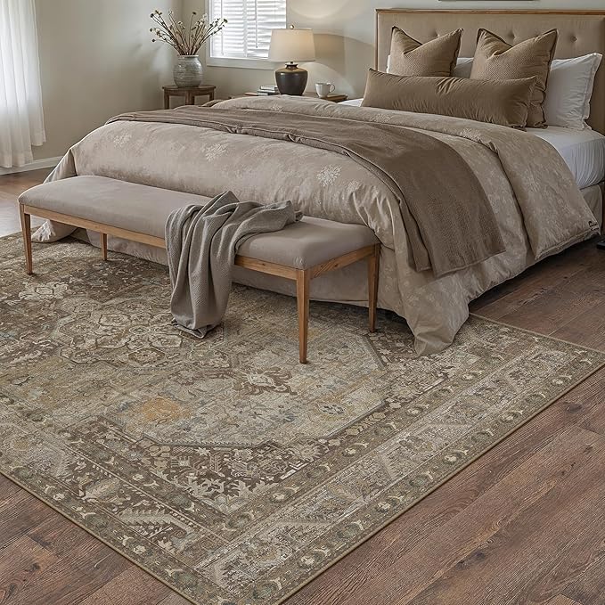 5x7 Brown Washable Vintage Area Rug for Living Room Bedroom Non Slip Distressed Traditional Soft Large Throw Rug Low Pile Lightweight Floral Carpet Office Classroom Dining Laundry Room