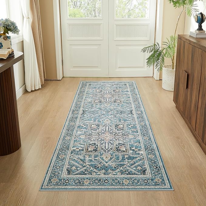 WITSHOCK 3x8 Kitchen Runner Rugs Teal: Washable Rug Boho Soft Low Pile Stain Resistant Foldable Carpet for Bedroom Hallway Entryway Indoor Entrance Bedside, Vintage Distressed Farmhouse Rug, 36″x96″