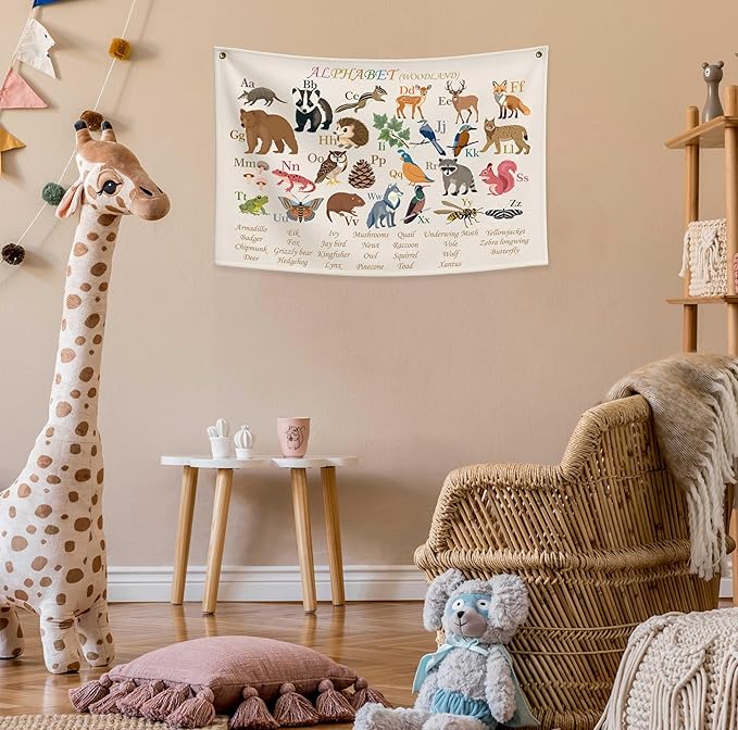 Alphabet poster for Nursery Toddlers,Playroom Wall Decor,ABC Wall Chart,Wall Rectangular Decor for Toddler Playroom Decor Kids Wall Décor-Woodland Alphabet-Banner Flag Wall Sign Decor Gift