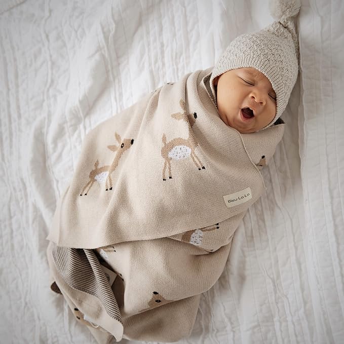Knit Baby Swaddling Blanket - 100% Cotton Lightweight Soft Cozy Receiving Swaddle Stroller Quilt Blanket for Shower Gift Registry for Newborns, Infants, Toddlers (Deer - Mocha)