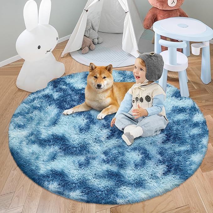 4 ft Round Fluffy Blue White Rug for Bedroom,Tie Dyed Furry Round Carpet Non Slip Fuzzy Shaggy Plush Circle Area Rug Rug for Living Room Room Nursery Room Playroom Kids Room Home Decor Washable