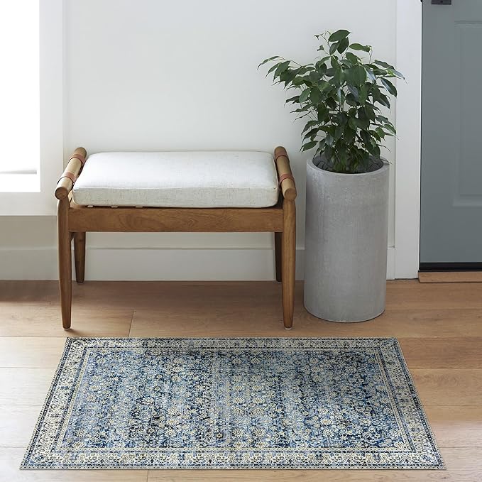Blue Kitchen Rugs Small Entryway Door Mat Non Slip Washable Boho Vintage Area Rug 2x3
