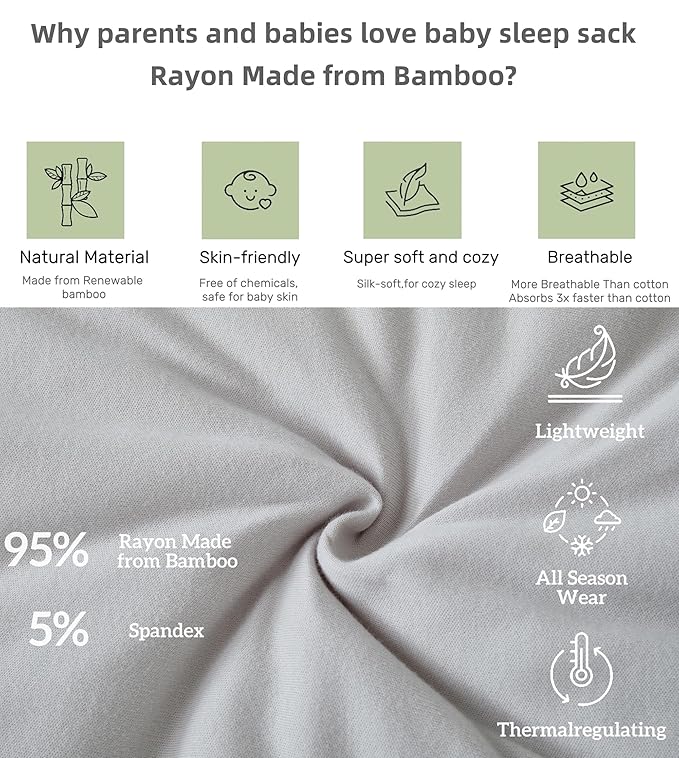 Baby Sleep Sack 0-6 Months 1.5 TOG, 2 Pack Bamboo Baby Wearable Blanket with 2-Way Zipper, Infant Toddler Sleeping Sack for Newborn Boys and Girls, Grey