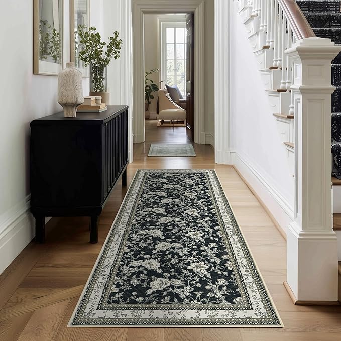 Black Boho Washable 3x8 Extra Long Hallway Runner Rug, Extra Large Kitchen Floor Rug Indoor Entryway, Non-Slip Low Pile Machine Washable, Vintage Farmhouse Cream Beige Taupe Pattern Floral Design