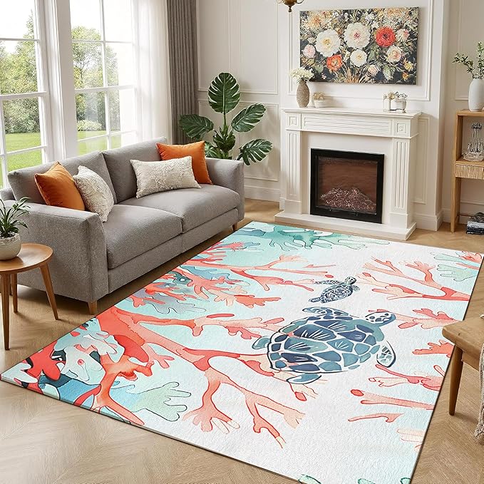 Ocean Coral Rugs,3x5ft Beach Carpet Red Blue Coral and Green Seaweed Printed Rugs,Ocean Themed Carpet for Bedroom Living Room Children's Room Cute Pink Non Slip Floor Mats