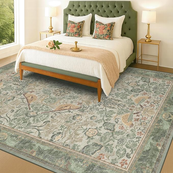 Boho Dining Room Rugs for Under Table 9x12 - Plant & Bird Patterned Rugs for Living Room, Bedroom Under Bed, Traditional Victorian Sage Green Décor, Washable Non Slip Folable Lightweight Carpet