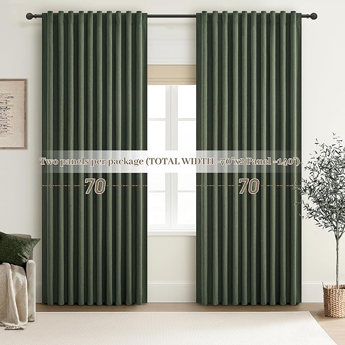 Dark Olive Green Curtains 70 Inch Length Extra Wide Pleated Black Out 96 Inch Long for Living Room, Linen Thick Sliding Glass Door Heavy Duty Insulated Large Window Drapes (70"Wx96"Lx 2Panels Loden)