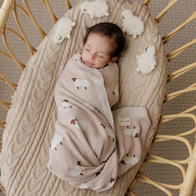 Knit Baby Swaddle Blanket for Boys - 100% Cotton Soft Cozy Lightweight Receiving Swaddling Stroller Quilt Blanket for Newborns Infants Toddlers (Sheep - Baby Blue)