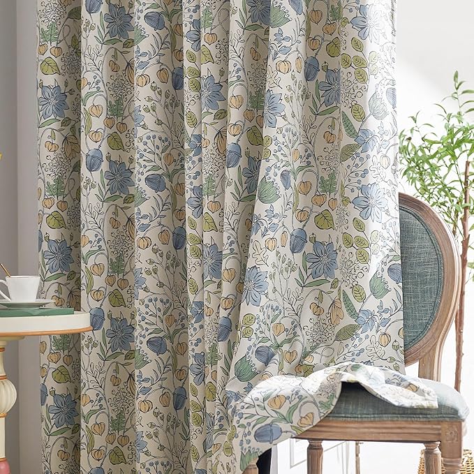 jinchan Nursery Curtains 95% Blackout Blue Floral Curtains for Kids Room, 96 Inch Length Farmhouse Drapes for Bedroom Living Room Darkening Window Treatment Grommet Top Set of 2 Panels