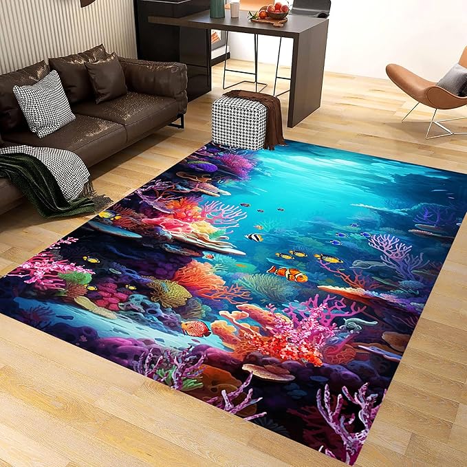 Under The Sea Area Rug, 8x10ft, Underwater World Coral Carpets for Bedroom, Marine Animal Tropical Fish Non-Slip Carpet, Low Pile Thin Absorbent Machine Washable Rugs for Living Room