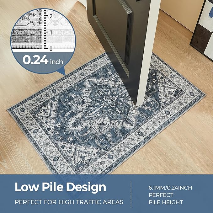 WITSHOCK Indoor Door Mat, Entrance Mat 2x3 Machine Washable Non Slip Backing Mat Soft Foldable,Vintage Rugs Mats, Inside Floor Mat Doormat, Blue