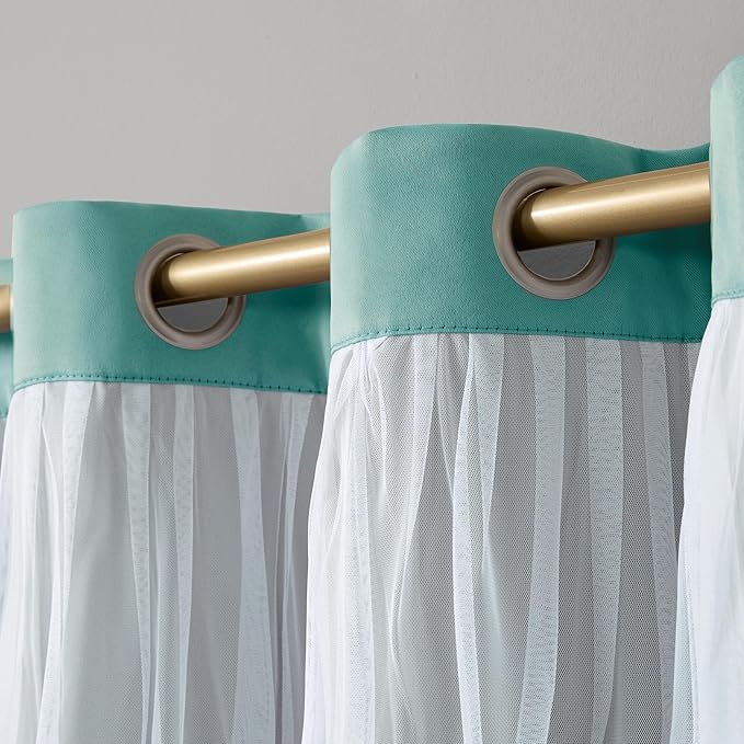TOWN & COUNTRY LUXE Talia Double Layer Indoor Curtains, Sheer and Room Darkening Blackout, Grommet Top, Energy Efficient, 2-Pack Set, 52"x96", Turquoise