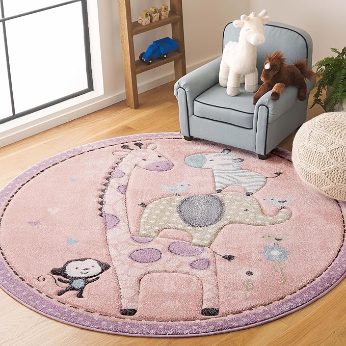 SAFAVIEH Carousel Kids Collection Area Rug - 4' Round, Blush Pink, Animal Design, Easy Care & Non-Shedding, Ideal for High Traffic Areas for Boys & Girls in Playroom, Nursery (CRK120U-4R)