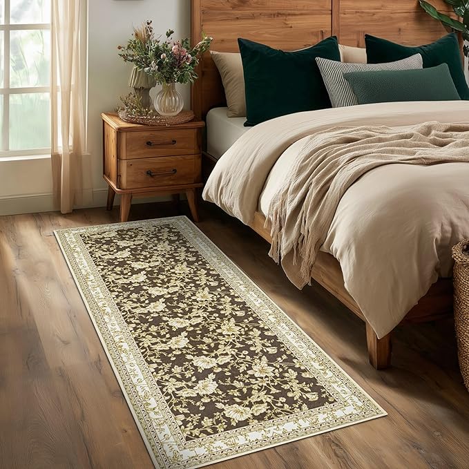 Brown Floral Runner Rug 2x6 for Hallways, Non-Slip Washable Kitchen Runner, Vintage Boho Farmhouse Print Printed Rug Floor Carpet for Bathroom Laundry Bedroom Entryway