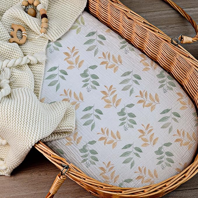 Muslin Bassinet Fitted Sheets, 2 Pack for Baby Boy and Girl, Soft Breathable Stretchy Baby Pad/Mattress Sheet Set, Universal Fit for Hourglass Oval and Rectangle Bassinet Mattress (Bright Leaves)