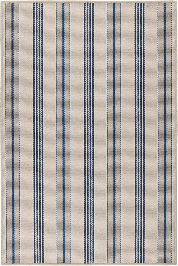 Dash & Albert Nimes Ticking Neutral Machine Washable Rug, 7.5 X 9.5 Feet, Blue Stripe Pattern