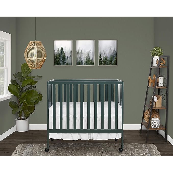 Dream On Me Jett Mini Folding Baby Crib in Olive, GreenGuard Gold & JPMA, Lightweight & Portable, Patented Flat Folding System for Small Spaces & Travel, 1.5” Mattress Pad, 3 Heights, Safe Wheels