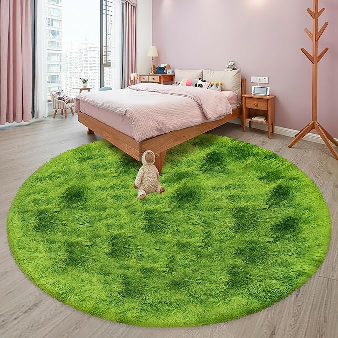 8 ft Large Fluffy Round Green Grass Area Rugs for Bedroom,Soft Shaggy Circular Rug Plush Fluffy Circle Carpet Fuzzy for Living Room Nursery Baby Toddler Room Playroom Dorm Home Decor Aesthetic