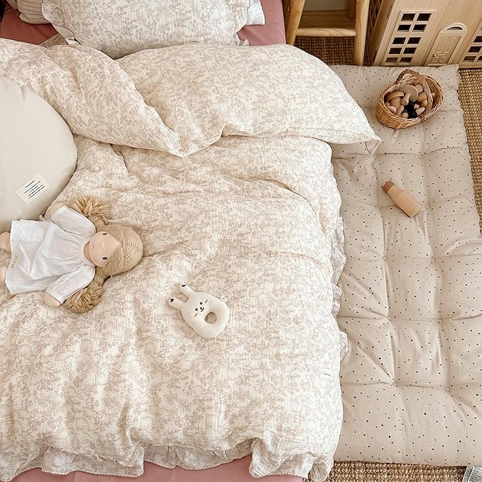 AOJIM Kids Muslin Duvet Cover with Forest Themed Patterns, Pure Cotton Toddler Comforter Cover 59X79'', Ruffled Design Baby Crib Quilt Cover 2-Layer Gauze for Boys Girls, No Comforter or Pillowcases