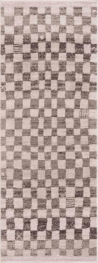 Hauteloom Pertek Modern Checkered Runner Rug - Modern Geometric Carpet for Hallway, Kids Room, Nursery - Bohemian Boho Carpet - Cream, Beige, Tan - 2'7" x 10'