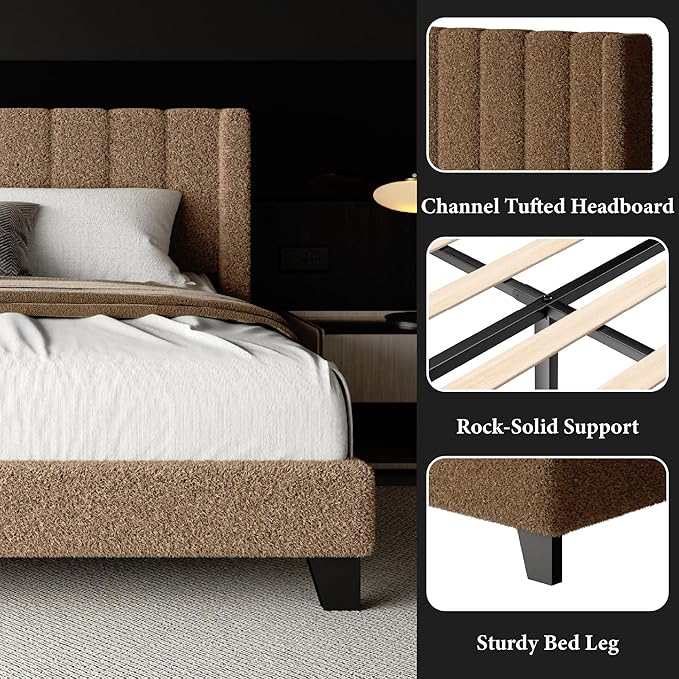 Full Bed Frame with Headboard Upholstered Platform Bed Frame with Teddy Velvet Headboard, Wooden Slats Support/Wing Edge Design/No Box Spring Needed/Easy Assembly, Camle
