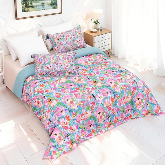 MAGRACE Multi Pink Meadow Duvet Cover King Size, Washed Fiber Floral Botanical Pattern Bedding Set, Cozy Soft Breathable Quilt Cover, Zipper + 8 Corner Ties + 2 Pillowshams, Without Comforter