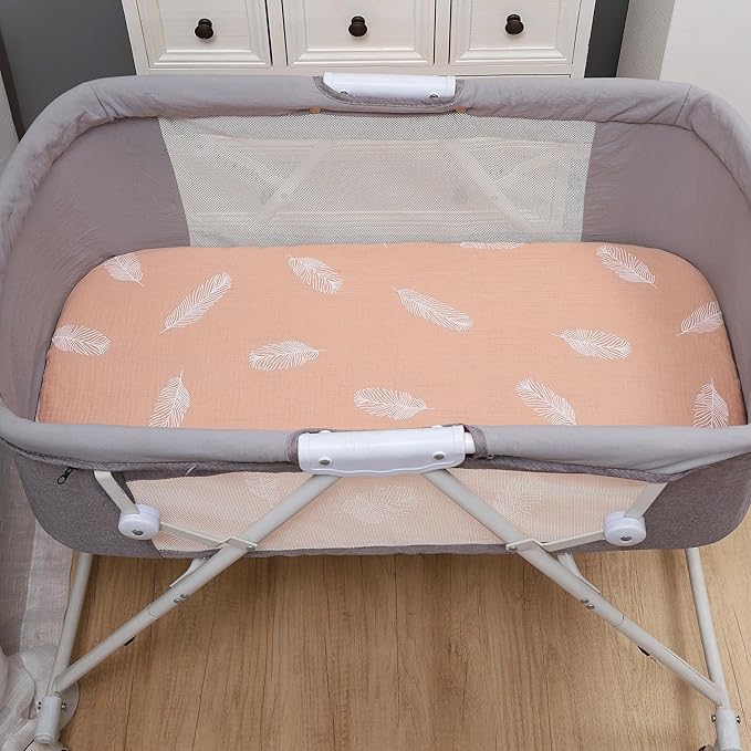 Onacosht Muslin Bassinet Sheets 3 Pack, 100% Cotton Baby Fitted Sheet 33" X 17" for Standard Rectangle Round Oval and Hourglass Bassinet Mattress, Pink and Feather