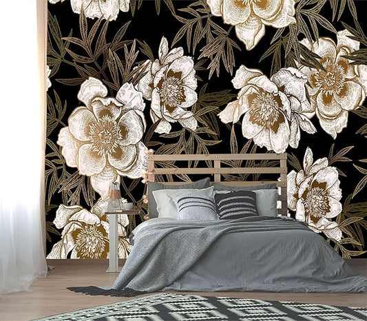 XMPMBM-Peony Floral Fabric Wallpaper Living Room Bedroom Bathroom Wall Mural-W 132" X H 92"（93 Square Foot）