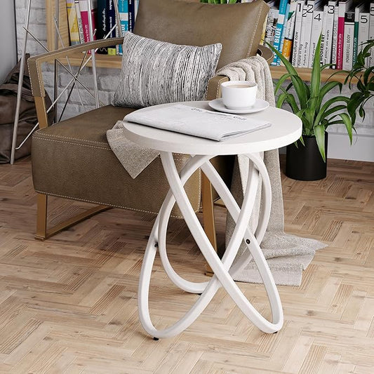 COZAYH Round End Table Farmhouse Wood Side Table Rustic Plant Stand with Intertwined Line Design for Living Room, Office, White