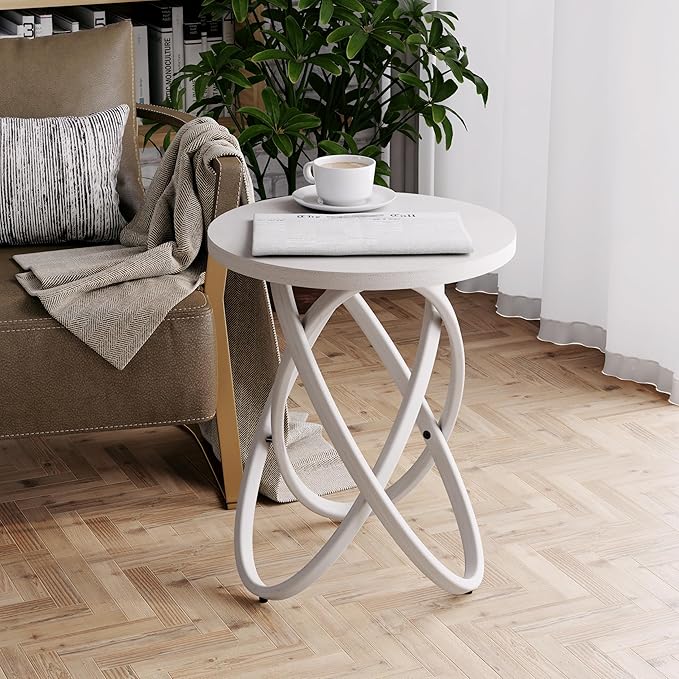 COZAYH Round End Table Farmhouse Wood Side Table Rustic Plant Stand with Intertwined Line Design for Living Room, Office, White