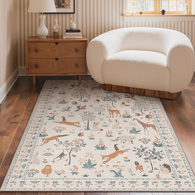 3x5 Rug Washable Area Rug Non Slip,Floral Animal Print Low Pile Small Carpet for Bedroom, Entryway, Living Room,Playroom, Beige