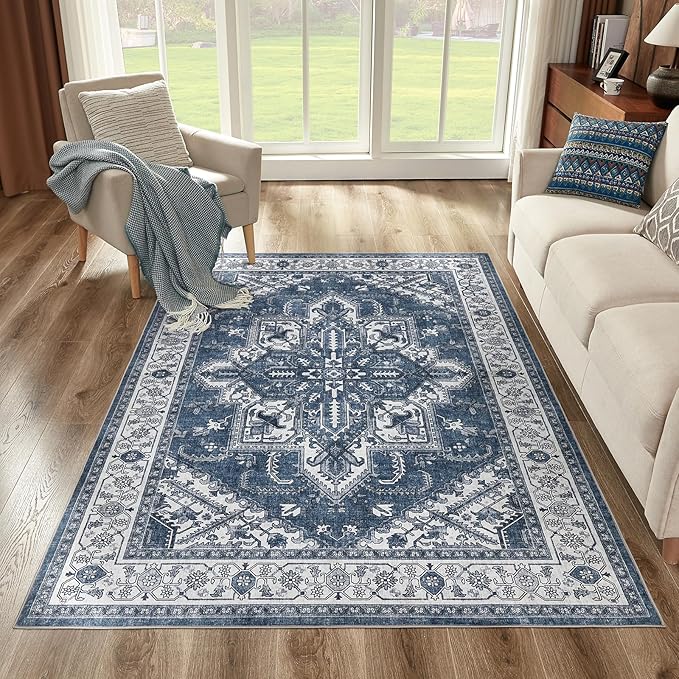 WITSHOCK Living Room Area Rugs 5x8: Washable Rug Boho Soft Non-Slip Low Pile Stain Resistant Foldable Carpet for Bedroom Playroom Dining Room Office Kitchen Farmhouse Home Decor Rug-Blue