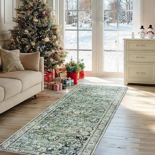 Green Washable Bathroom Hallway Runner Rug with Rubber Backing Non Slip Vintage Boho Floral Long Runners Rugs for Entryway Indoor Laundry Room Bath Floor Kitchen,2x6,24x72 Inch,Dark Emerald