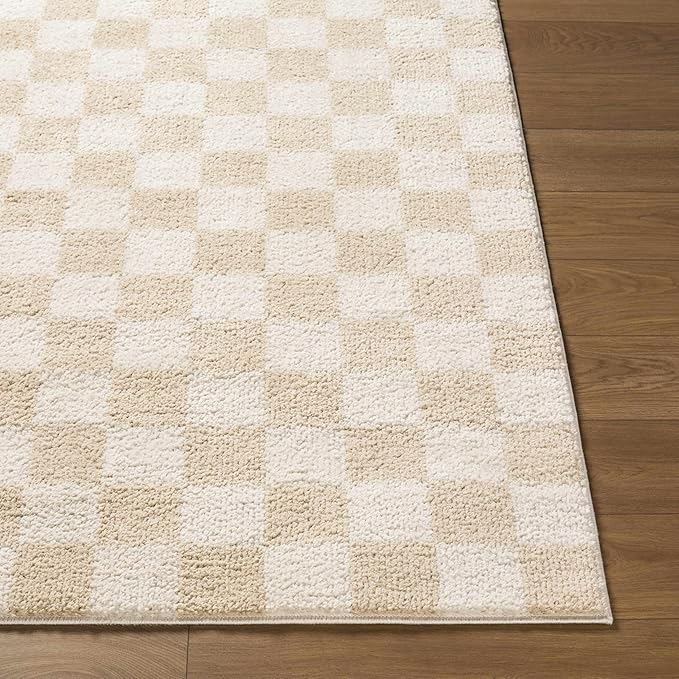 BoutiqueRugs Canika Modern Checkered Shag Rug - High Pile Fluffy Shaggy Carpet for Hallway, Nursery, Playroom, Girls Boys Room - Machine Washable - Peach, Beige - 5'3" x 7' (5x7)