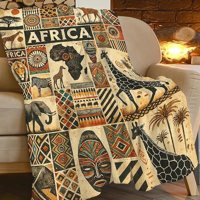 African Tribal Map Ethnic Pattern Blanket Vintage African Safari Animals Throw Blanket Soft Cozy Fleece Fuzzy Plush Warm Stuff Bedding Blankets Gifts for Boys Girls Kids Adult Men Women 50"X60"