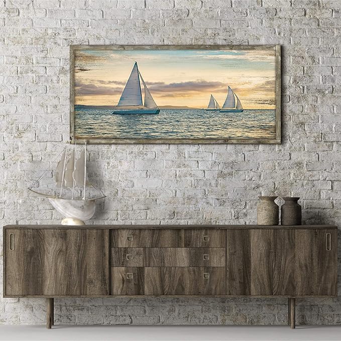Seascape Framed Wooden Wall Art: 48"x24" Coastal Painting Art Sail Boats Artwork Decor Sunset Ocean Picture Prints for Living Room