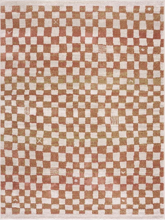 Hauteloom Pertek Modern Checkered Area Rug - Modern Geometric Carpet for Living Room, Kids Room, Nursery - Bohemian Boho Carpet - Cream, Beige, Light Red, Somon - 7'10" x 10'
