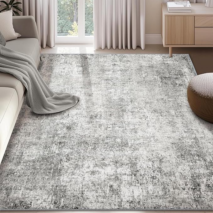 Washable Area Rugs 6'x8' Non-Slip Modern Abstract Soft for Living Room Entryway Bedroom Nursery, Print Pattern, Gray White Grey