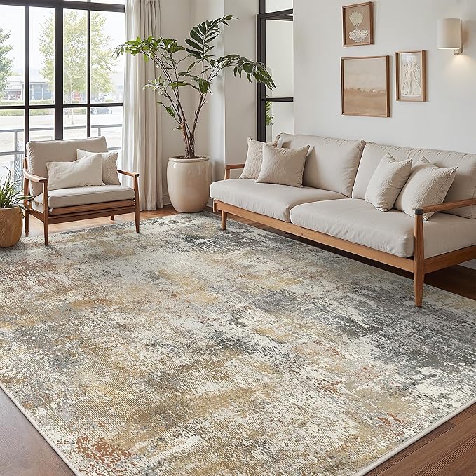 GENIMO 5x7 Area Rugs for Living Room, Machine Washable Rug Non Slip, Low Pile Ultra-Thin Lightweight Large Carpet, Abstract Modern Rugs for Bedroom, Dining Room, Office, Nursery, Brown/Grey
