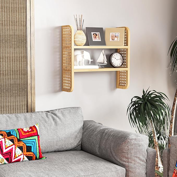 2-Tier Rattan Shelf, Natural Rattan Bookshelf Wall Mounted, Handmade Woven Display Shelf, Decorative Boho Shelves for Entryway, Nursery, Kitchen, Bathroom, Living Room
